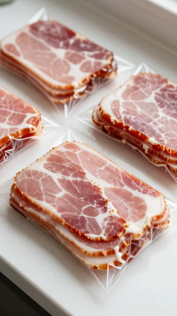 Sliced ham portions labeled in freezer bags on counter