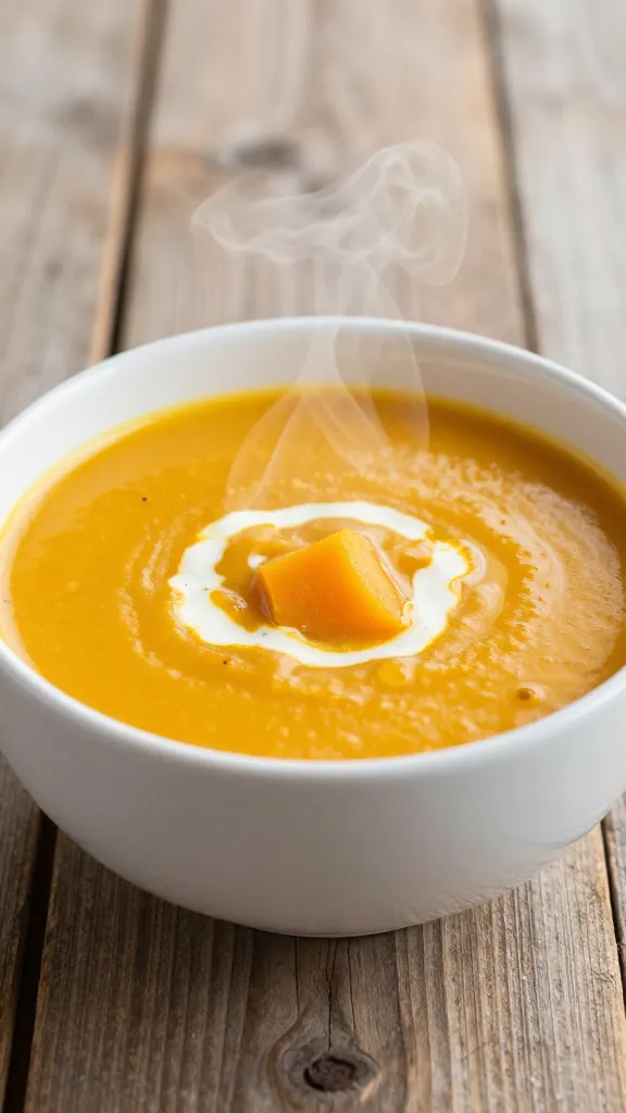 steaming pumpkin soup in white bowl, rustic wood table