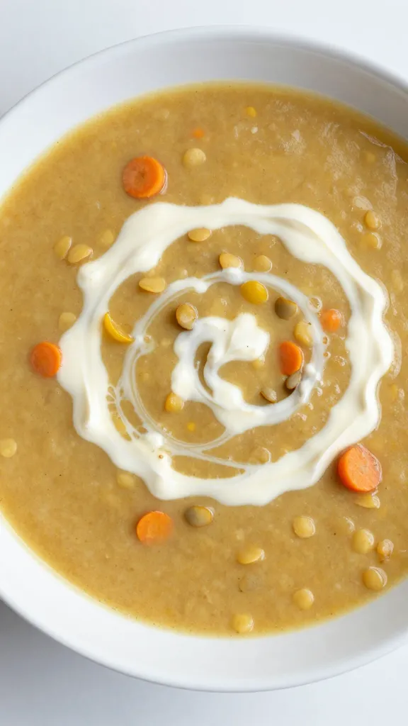 carrot lentil soup with swirl of cream, overhead shot
