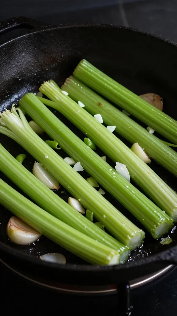 celery onion garlic sautéing in cast-iron pot, moody light