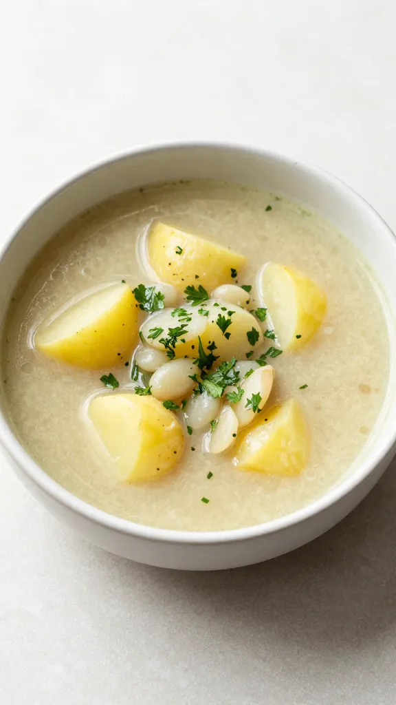 potato bean soup with fresh herbs, neutral backdrop