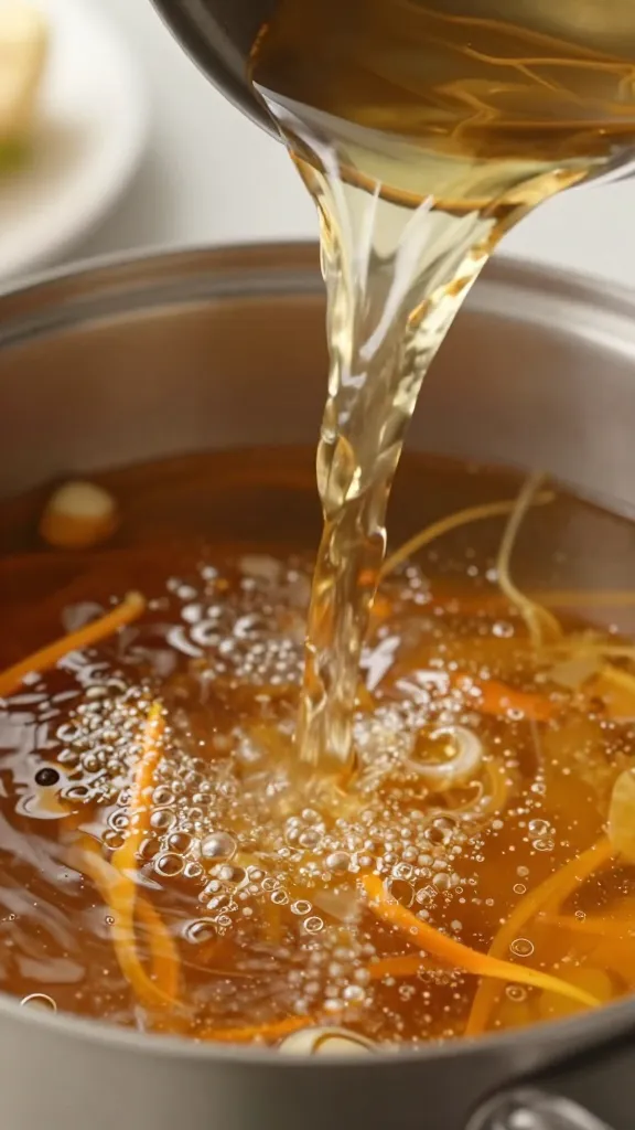 broth being poured into pot over aromatics, close-up shot