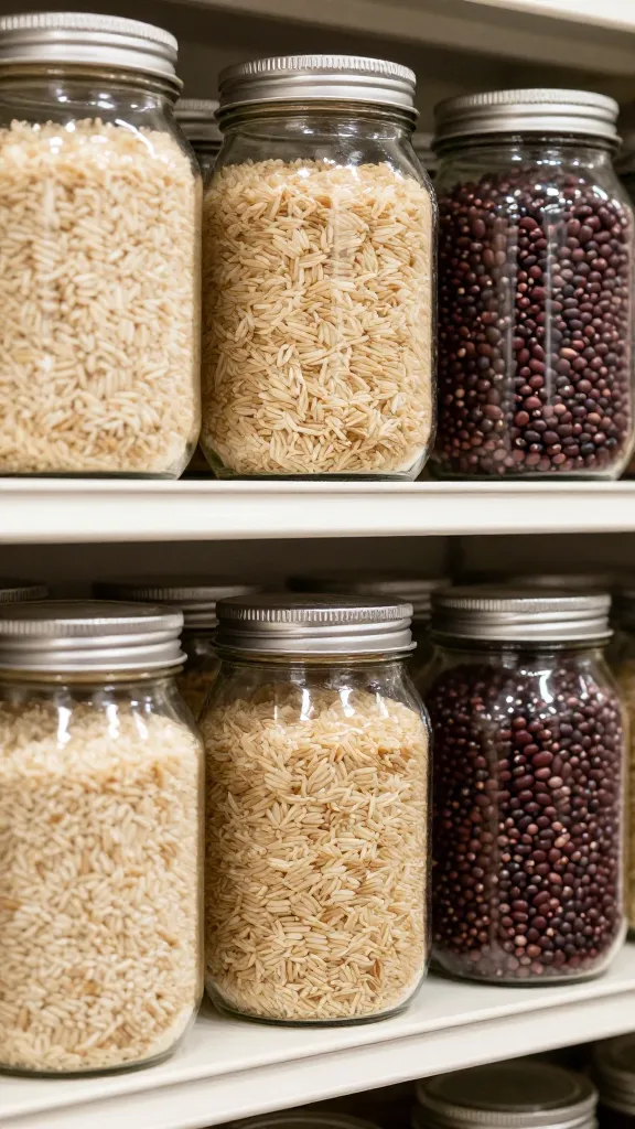 Bulk rice and beans in clear jars on pantry shelf