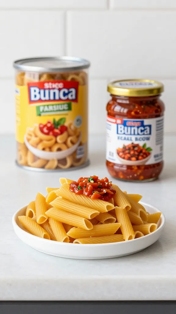 Store-brand pasta and sauce on simple kitchen counter