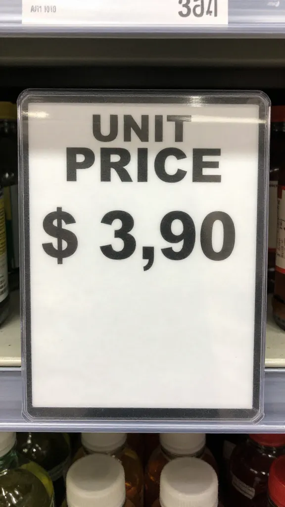 Unit price label close-up on supermarket shelf tag