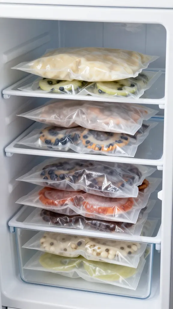 Flat frozen sauce bags stacked in home freezer drawer