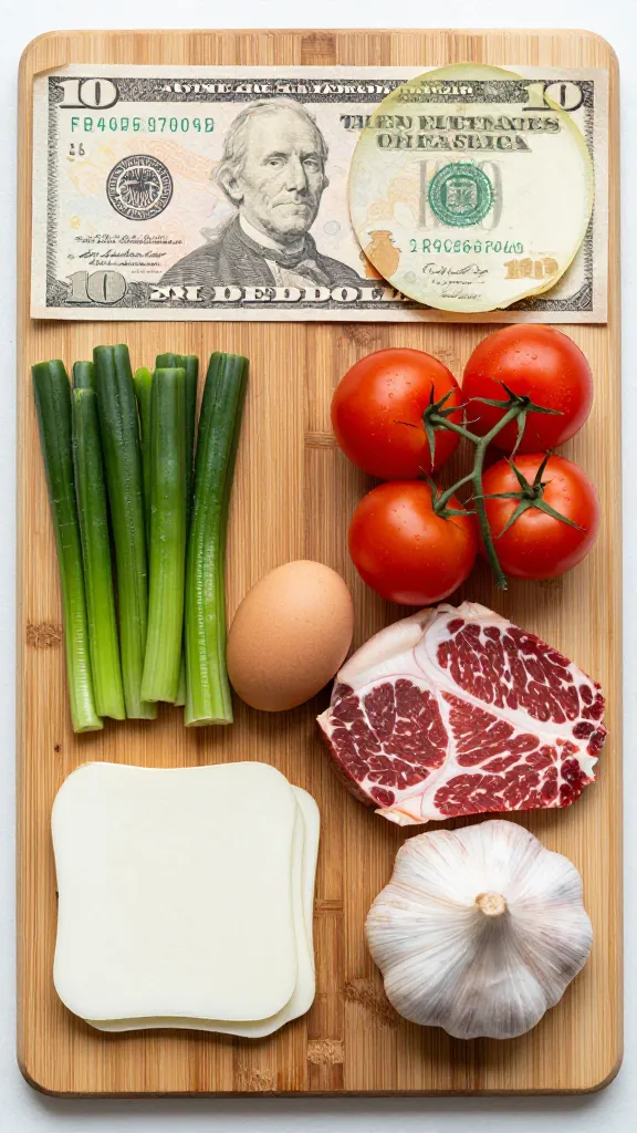 Ten-dollar dinner ingredients laid out on wooden board