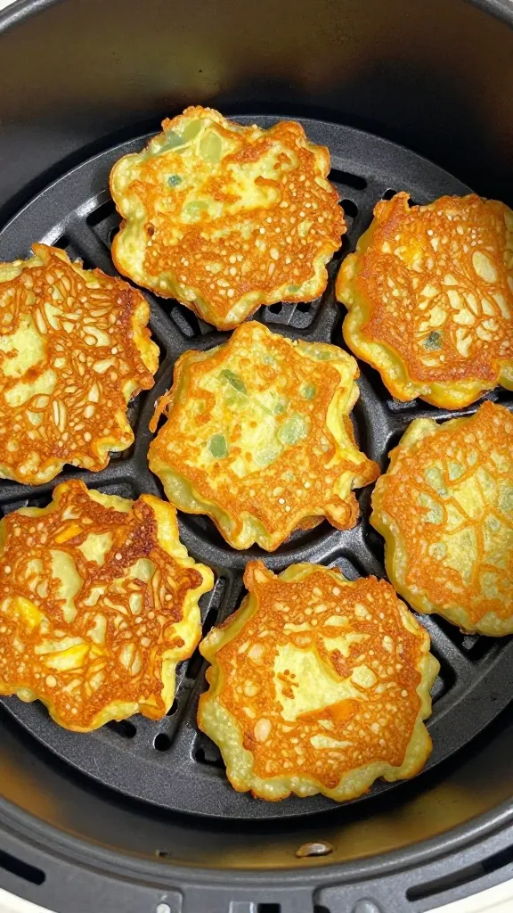 crispy potato pancakes in air fryer basket, golden edges
