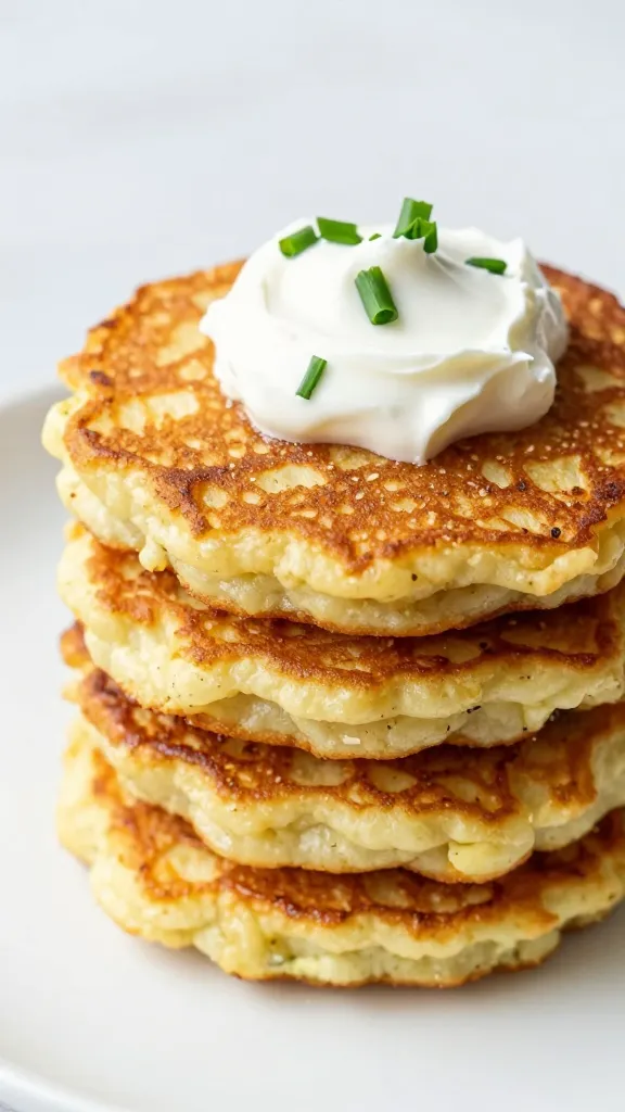 stack of air-fried potato pancakes with sour cream, chives