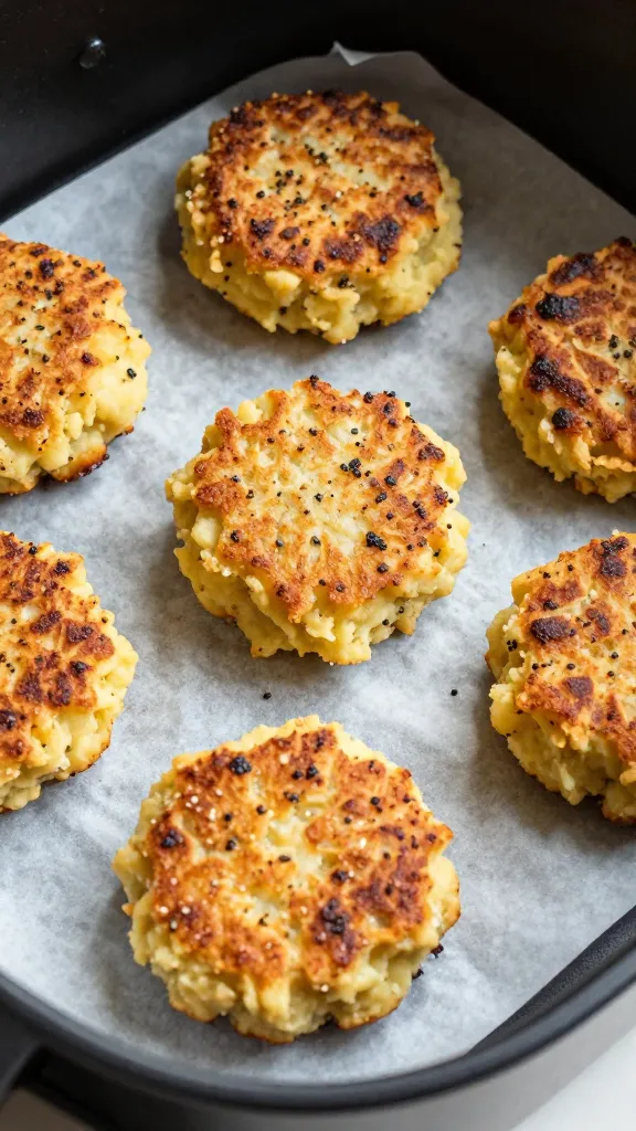 uncooked mashed potato patties on parchment, pre-air-fry