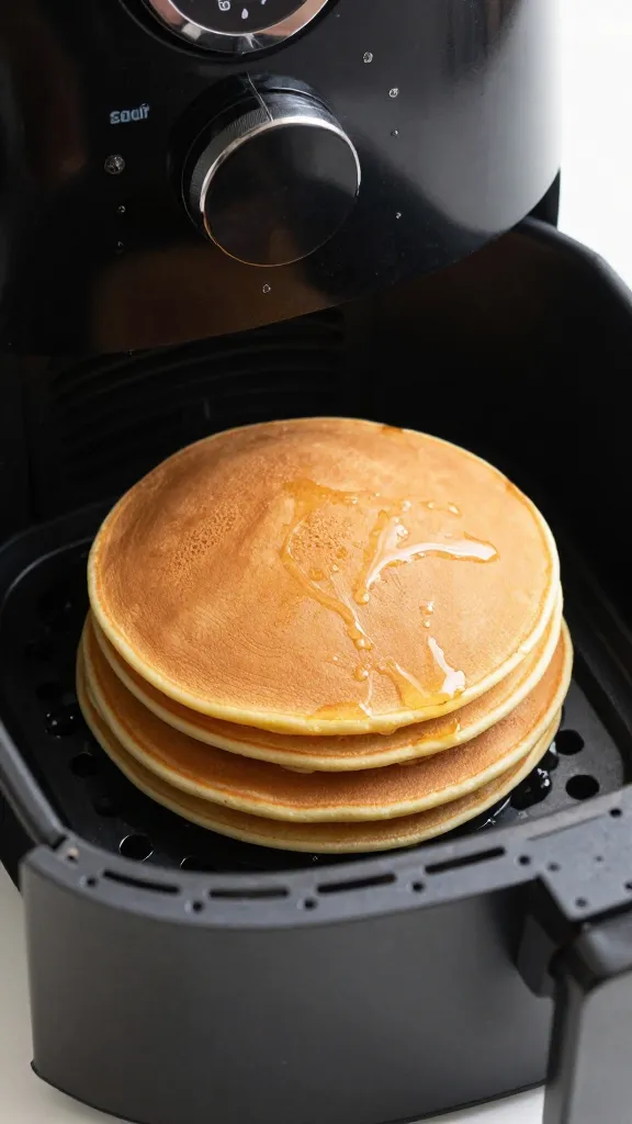 air fryer open drawer, freshly cooked pancakes, minimal oil shine