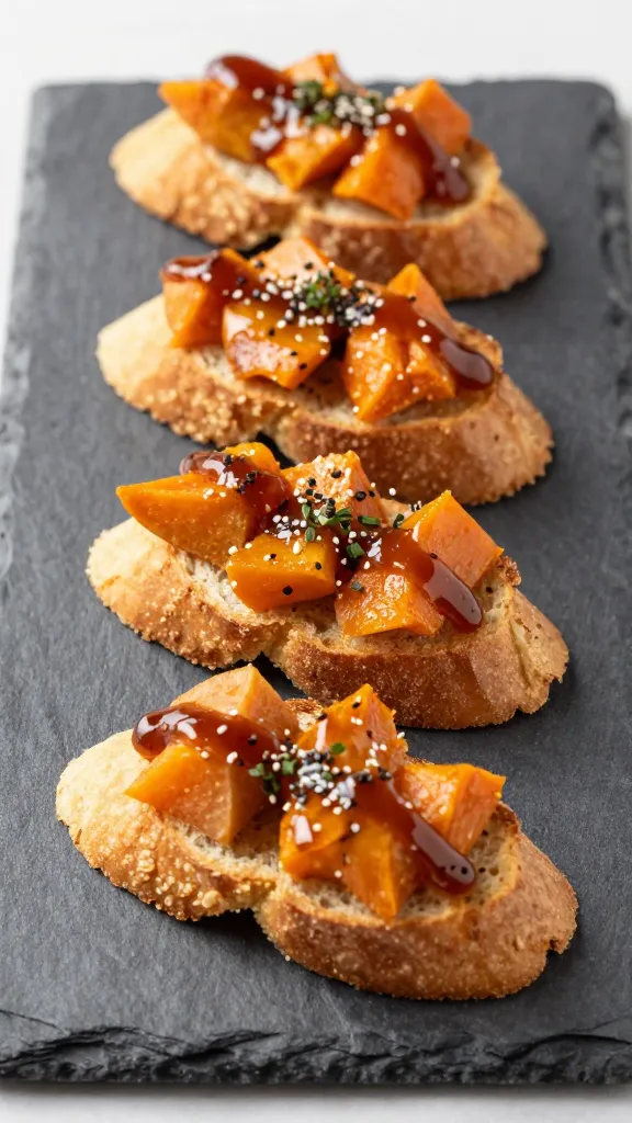 Smoky sweet potato crostini on slate board