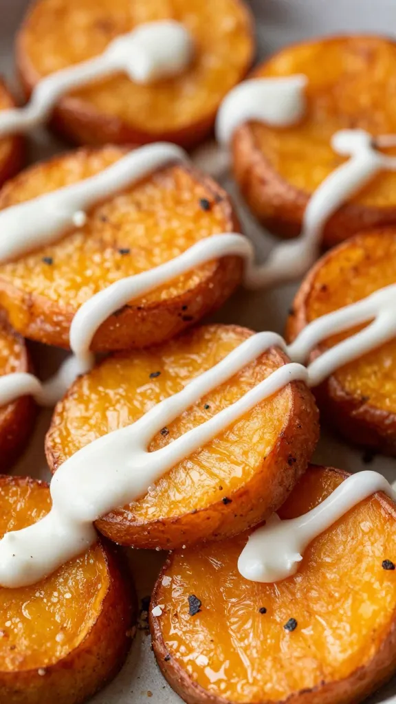 Crispy sweet potato rounds with goat cheese drizzle