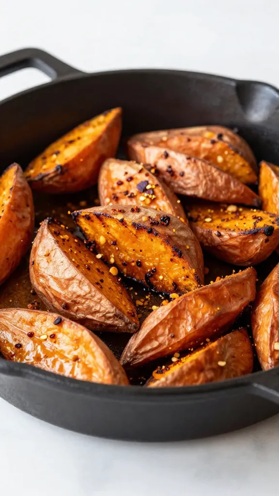 Skillet-seared sweet potato bites with chili flakes