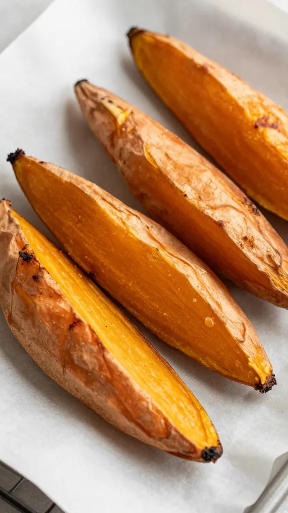 Reheated sweet potato wedges on parchment, crisp edges