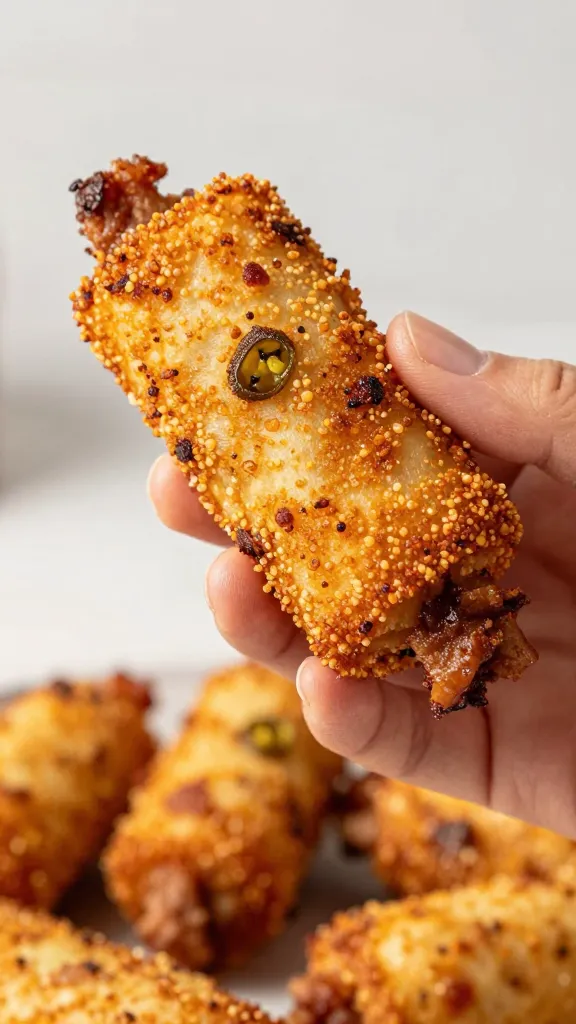 Hand holding crispy pulled pork jalapeño popper