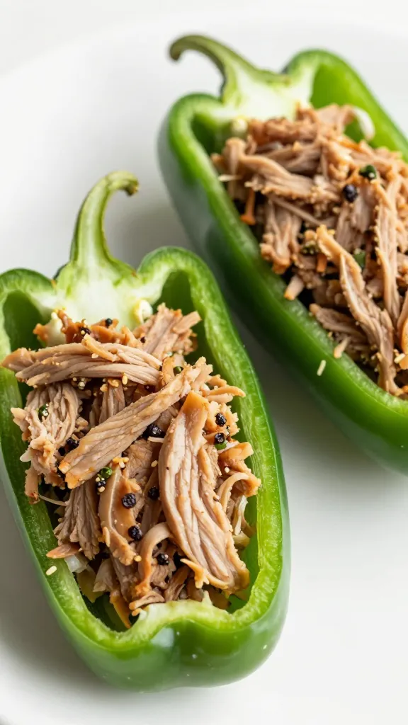 Raw halved jalapeños stuffed with pulled pork