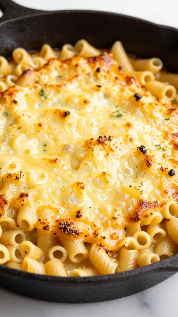golden bubbly pasta bake in cast-iron skillet