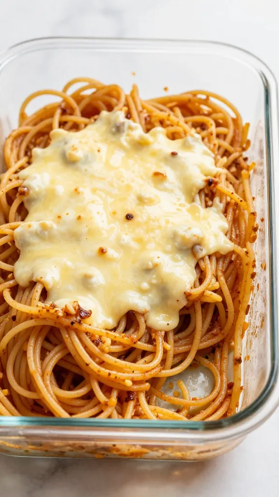 leftover spaghetti in glass baking dish, melted mozzarella