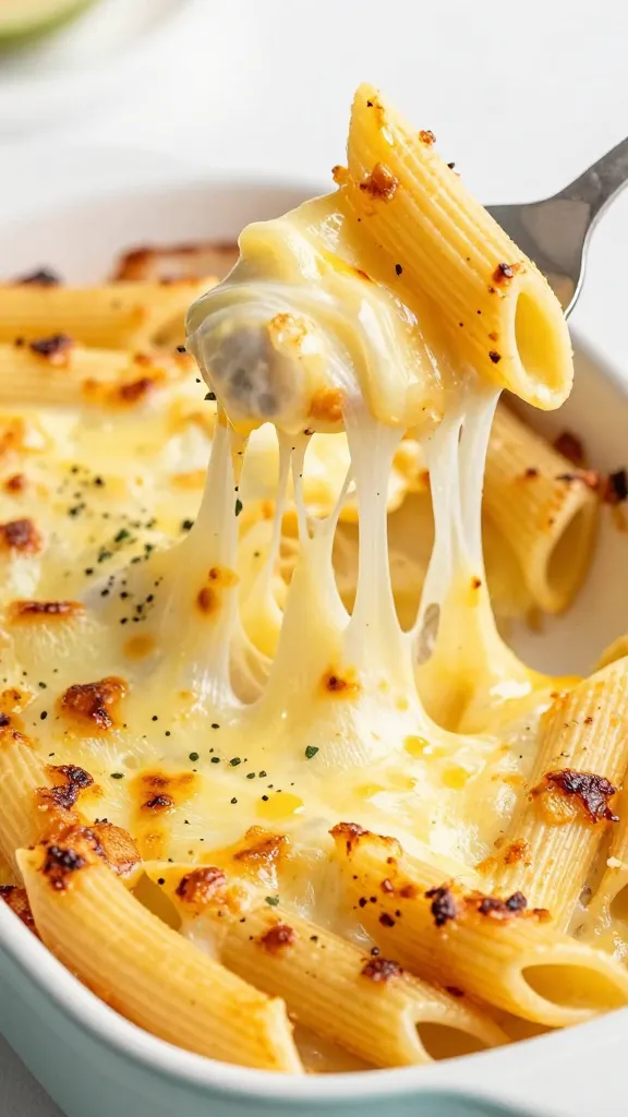 cheese pull from baked penne, broiler-blistered top