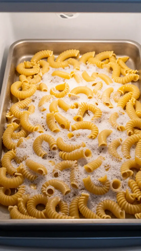 fridge-cold pasta transformed, before-and-after baking sheet
