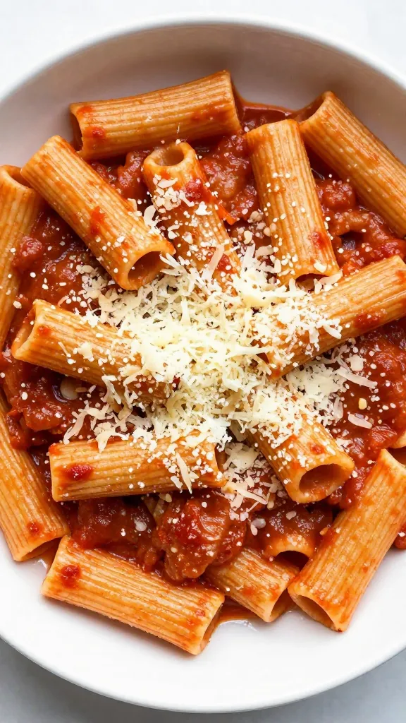 marinara-coated rigatoni with parmesan crust, overhead shot