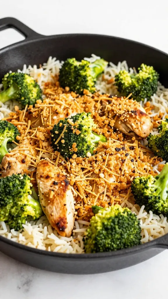 skillet chicken broccoli rice casserole with crunchy topping