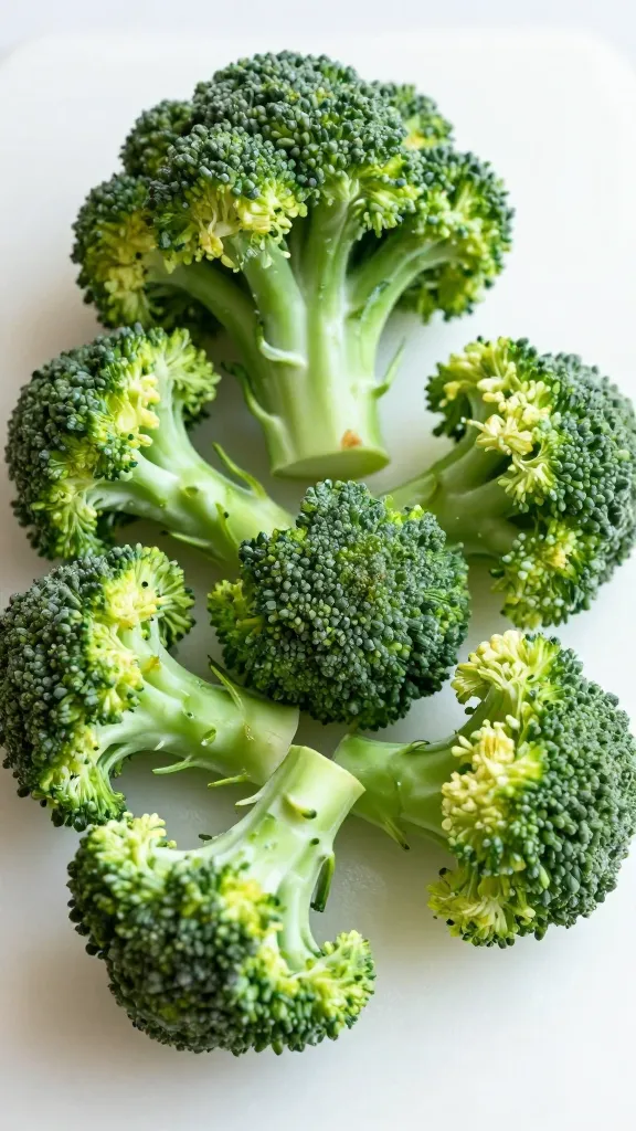 fresh and frozen broccoli florets on cutting board