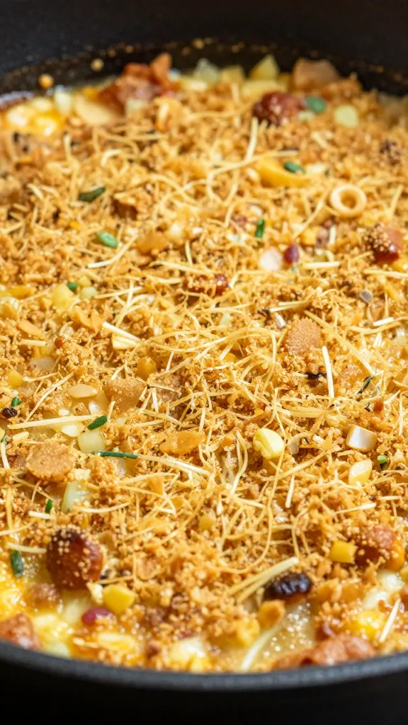 golden breadcrumb topping on bubbling skillet casserole