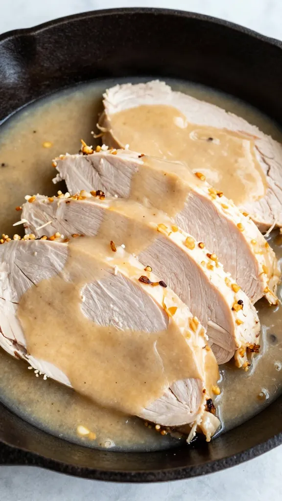 sliced leftover turkey breast with gravy in cast-iron skillet