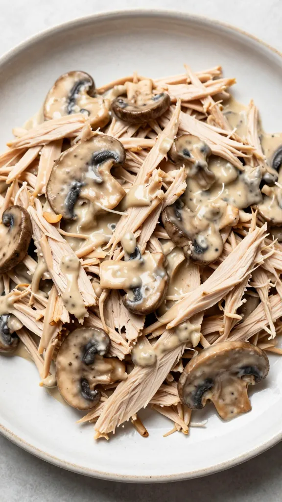 shredded turkey tossed with creamy mushrooms on rustic plate