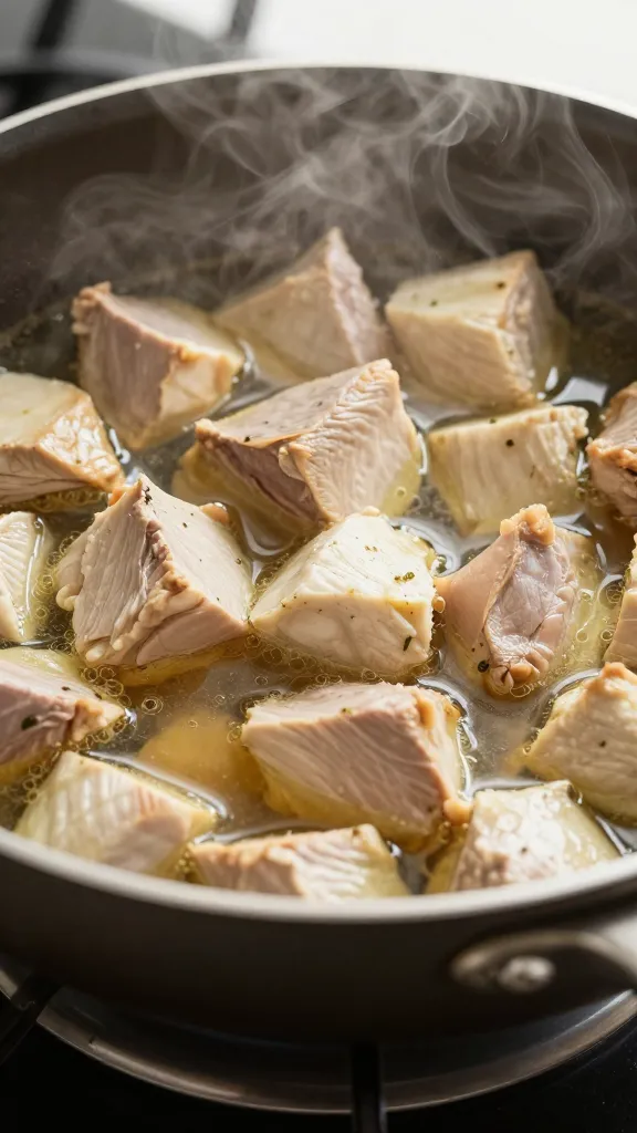 cubed turkey reheating with broth in nonstick skillet, steam