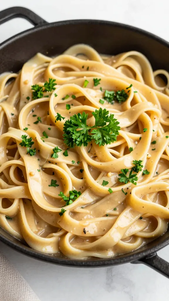 turkey stroganoff-style skillet with buttered noodles, parsley garnish