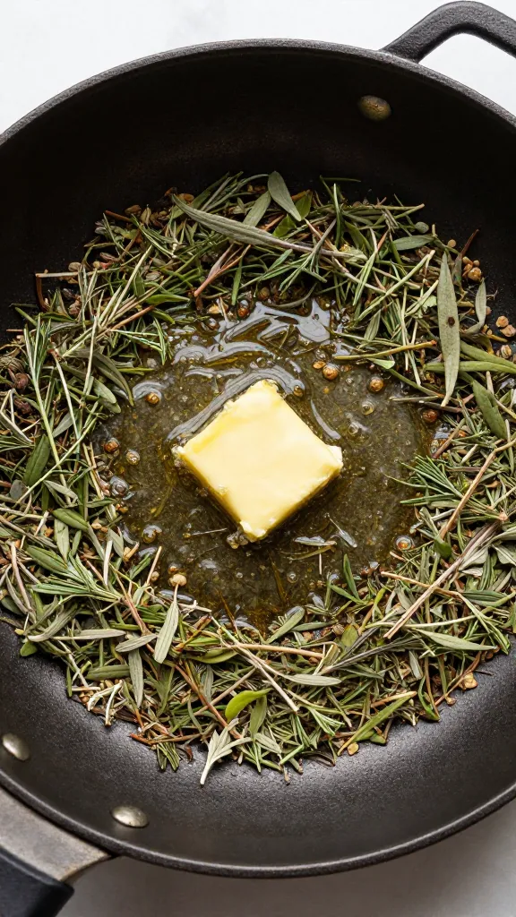 turkey and autumn herbs in skillet, pat of melting butter