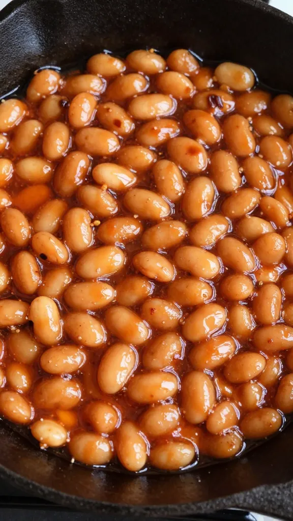 Leftover BBQ beans in cast-iron skillet, glossy sauce