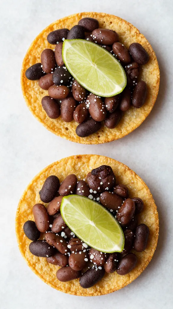 BBQ bean tostadas with lime wedges, overhead shot
