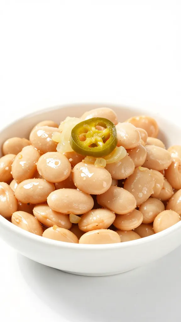 Beans topped with pickled onions and jalapeños, white bowl
