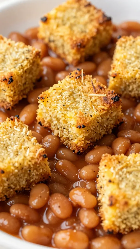 Cornbread croutons on smoky baked beans, close-up