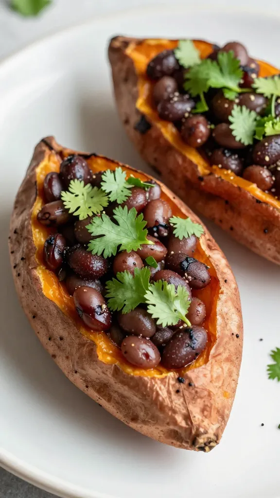 BBQ bean-stuffed sweet potatoes with cilantro, natural light