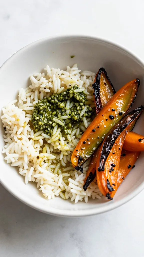 Leftover rice bowl with pesto and roasted vegetables