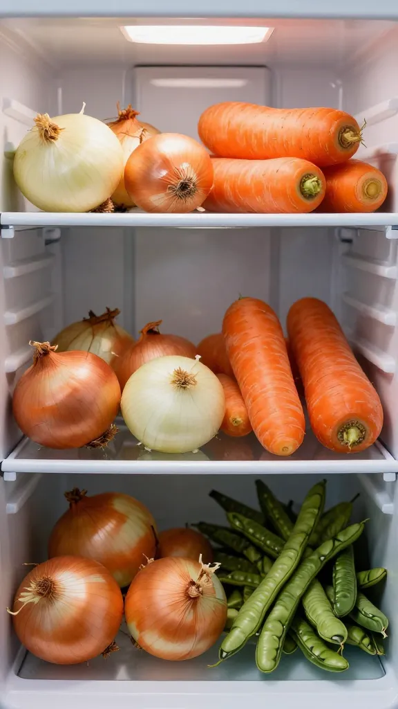 Fridge shelf grouped leftovers: onions, carrots, beans
