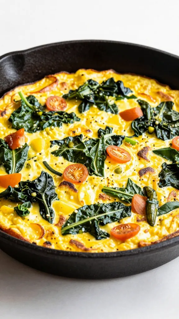 Frittata with wilted veggies on cast-iron skillet