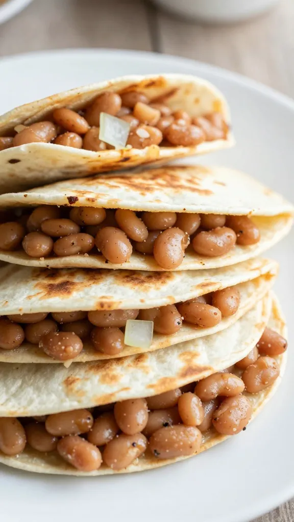 Quesadillas stuffed with beans and chopped onions