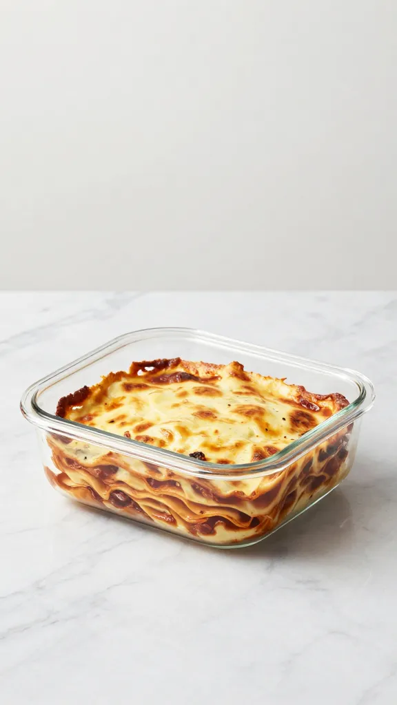 Glass airtight container sealing leftover lasagna on marble countertop