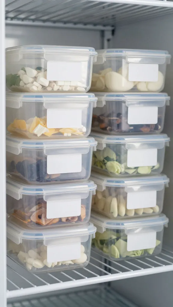 Stack of labeled airtight containers, right-sized portions, stainless fridge shelf