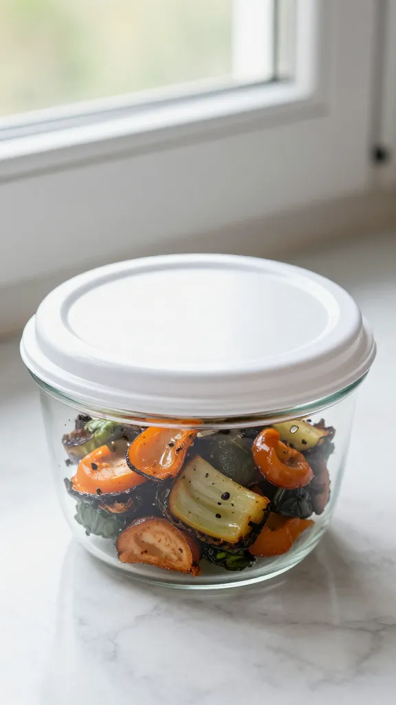 Vent-lid container keeping roasted veggies crisp, natural window light