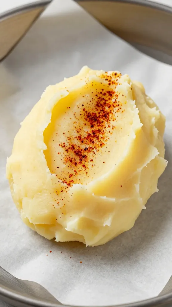 Cold mashed potato scoop on parchment, sprinkled paprika
