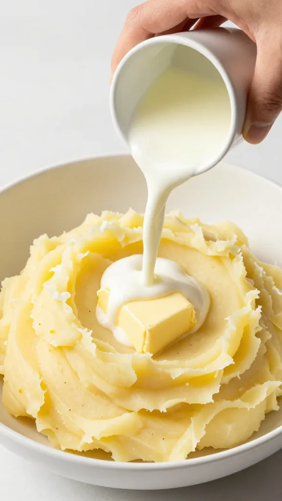 Adding milk and butter to dry mashed potatoes