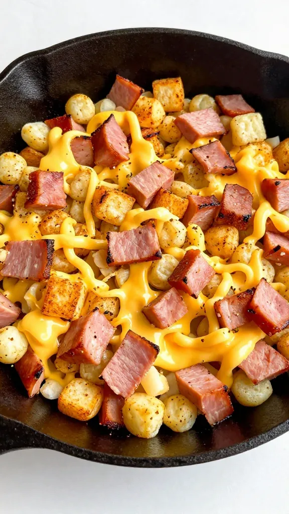 crispy ham-and-cheese hash in cast-iron skillet