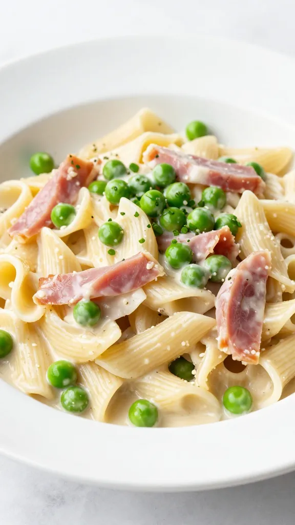 creamy ham pasta with peas in white bowl